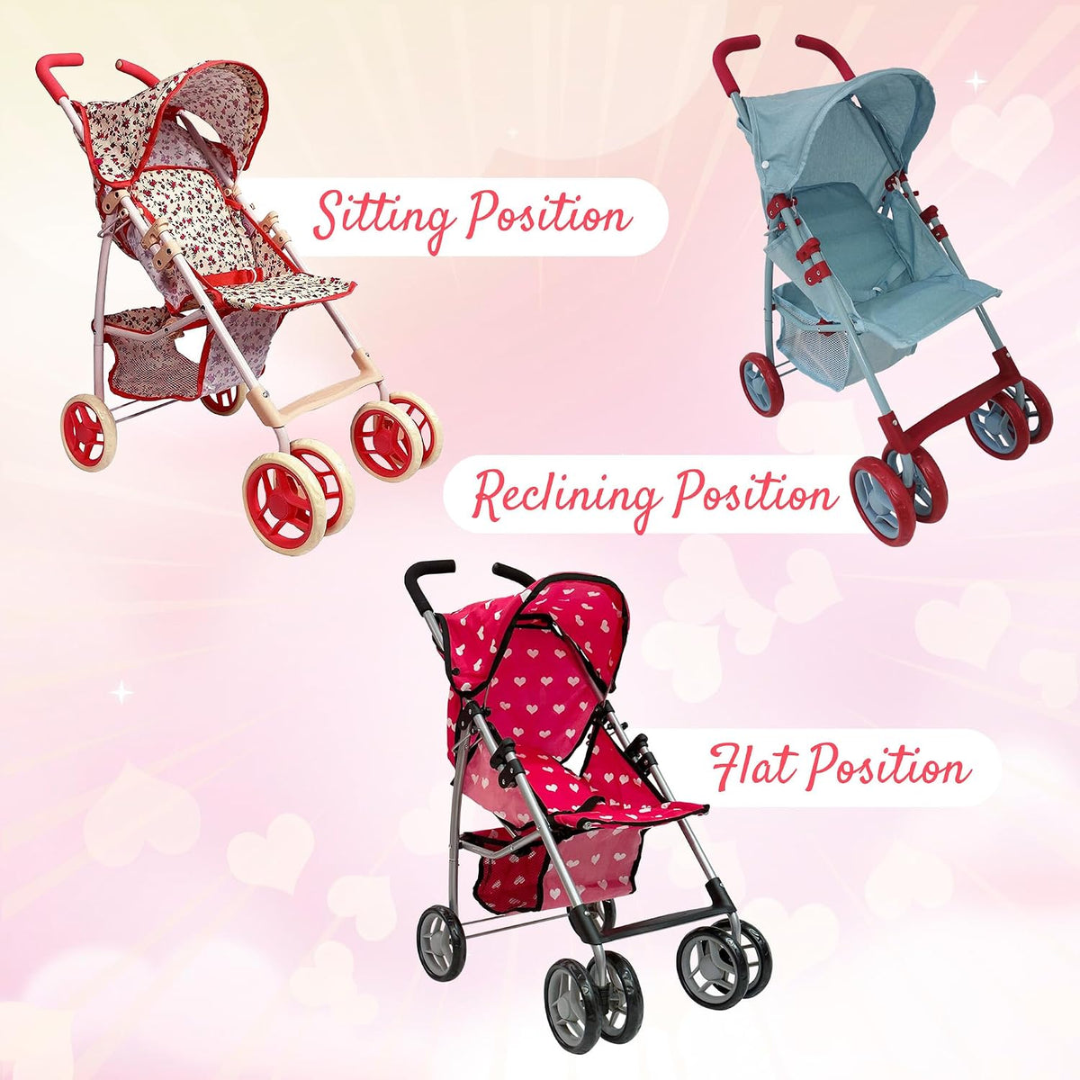 Baby Doll Stroller for Toddler Girls & Big Kids up to 8 Years Old - Pink Hearts - image 3