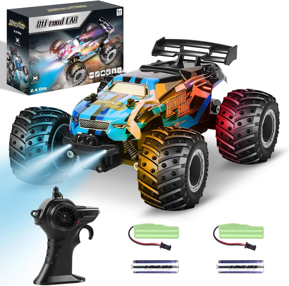 Remote Control Car All-Terrain 1:18 Rc Car with LED Lights 2 Batteries – Fun for Kids & Family - Black and Blue