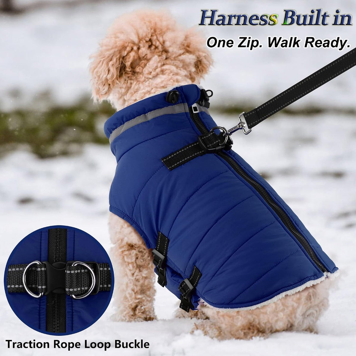 Dogcheer fleece lined dog winter coat with built-in harness and back zipper - view 3