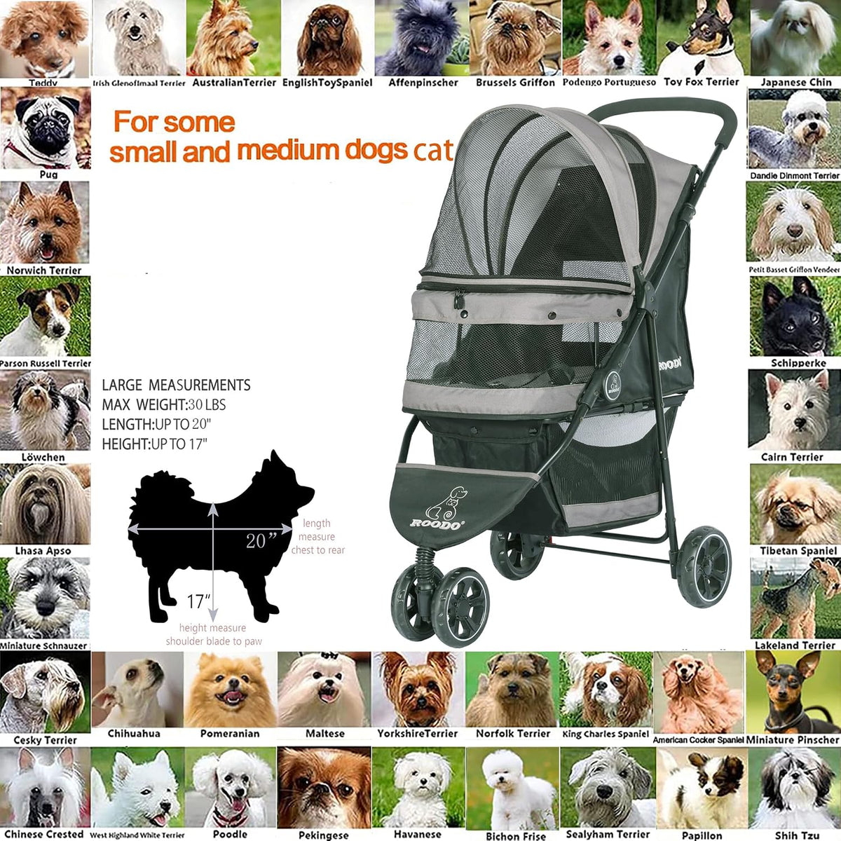 ROODO Escort 3 Wheel Dog Cat Pet Stroller for Small/Medium Dogs Cats - Grey / 33x37 Inch (Pack of 1) - image 4