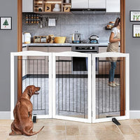ZJSF Freestanding Dog Fence Indoor, Foldable Dog Gate for Doorways, Stairs or Hallways, Sturdy Wood Extra Wide Pet Gate with Support Feet for The House, White, 32 "Height-3 Panels