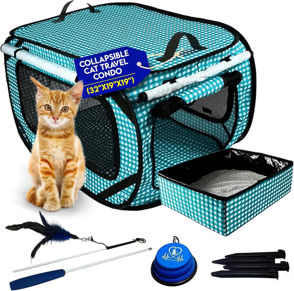 Extra Large Cat Carrier for Travel, Blue Checkers - Teal