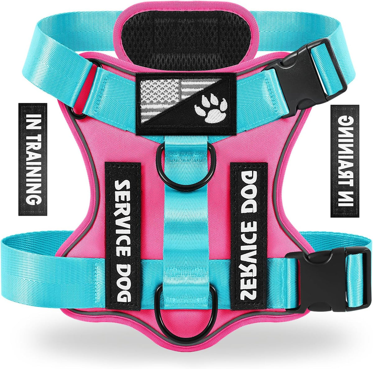 Service Dog Harness, Reflective Dog Vest Harness with 5 PCS Patches, Adjustable Soft Oxford Pet - RoseBlue / Medium (Pack of 1)