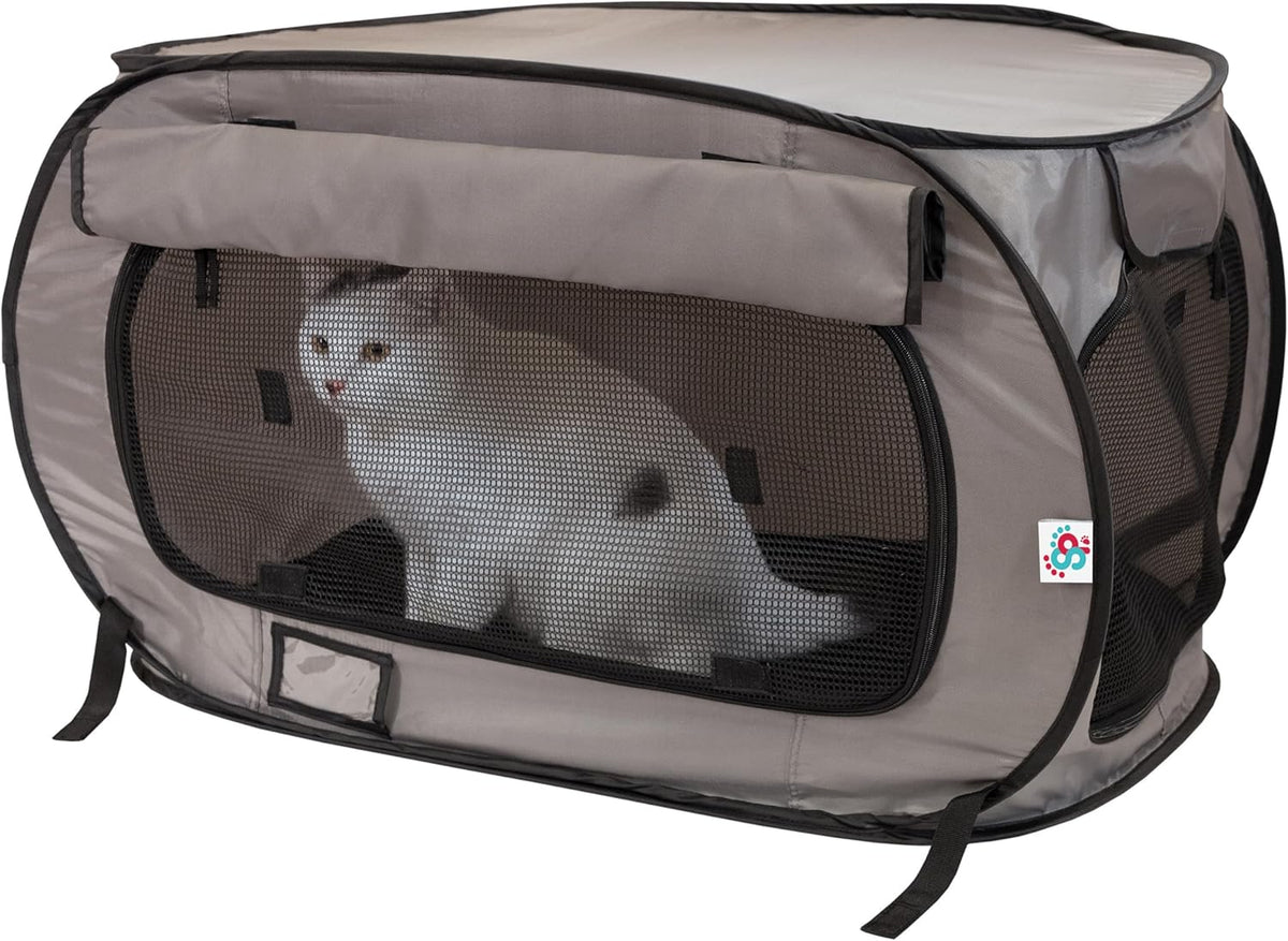 SportPet Designs Large Pop Open Kennel, Portable Cat Cage Kennel - Tan