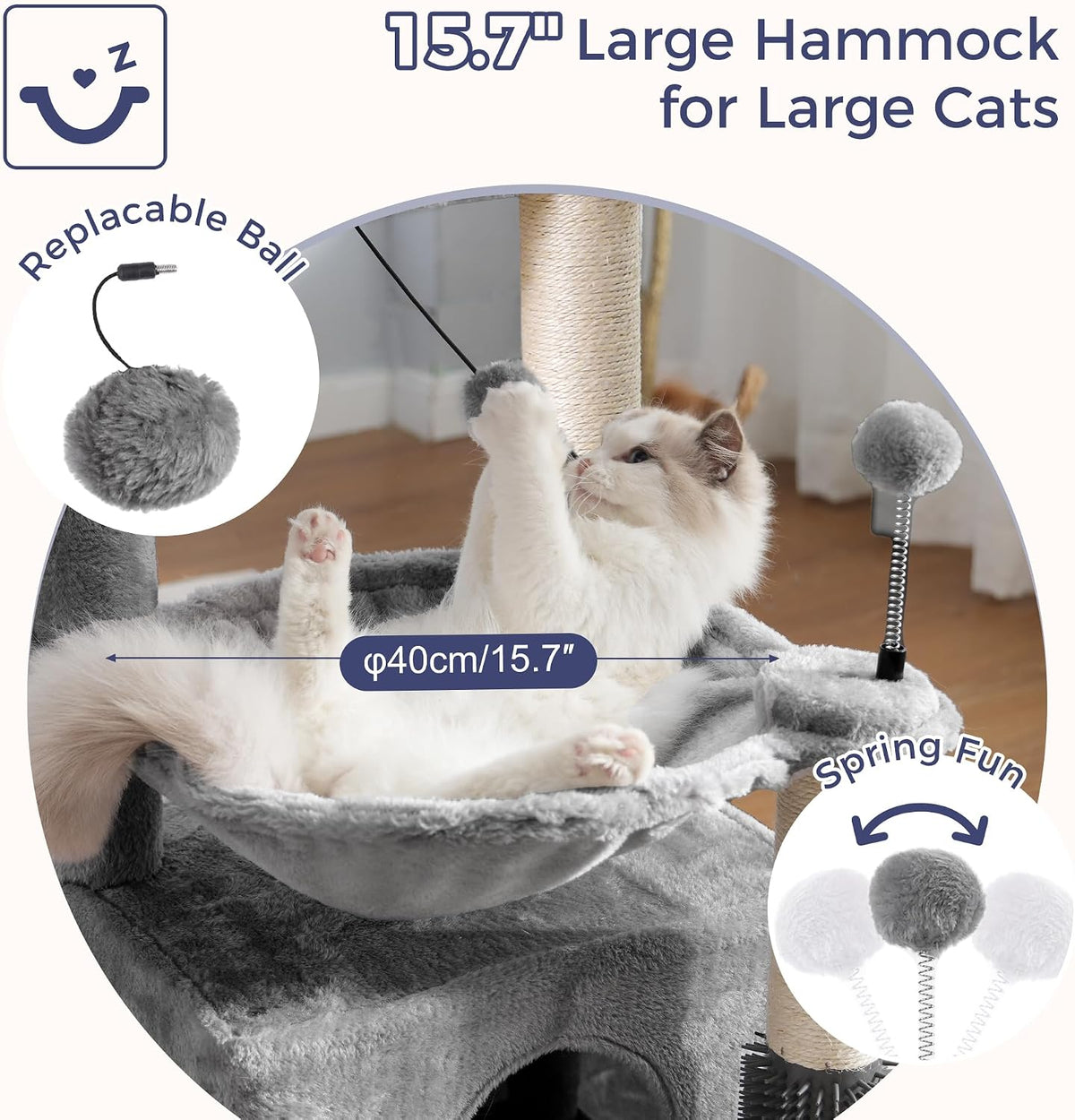 Cat Tree 32” Small Cat Tower with Large Hammock 16”& Self Groomer – Essentials for Cats - Medium-32" / Gray - image 3