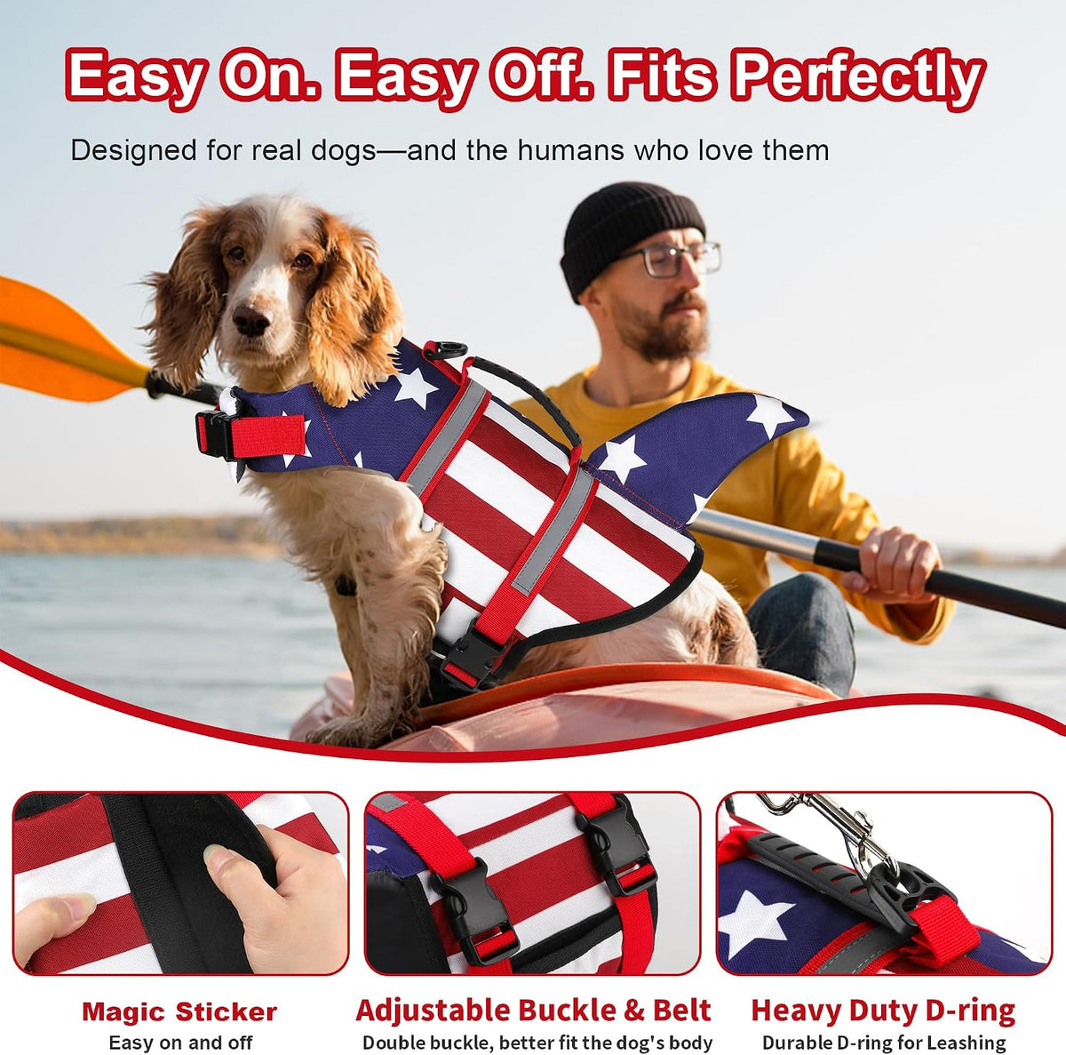 Dogcheer Dog Life Jacket, Cute Shark Dog Life Vest for Swimming Boating with Superior Buoyancy - USA flag / Large - image 4