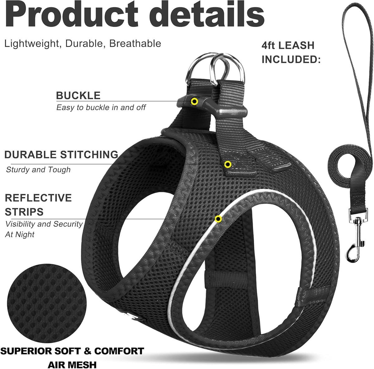 Fida Cat Harness and Leash Set for Walking Kitten and Puppy - XXS (Neck:11.4"-12.2"; Girth:12.6"-14.2") / Black - image 2