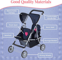 Double Baby Doll Stroller for Twin Dolls - Denim - image 4