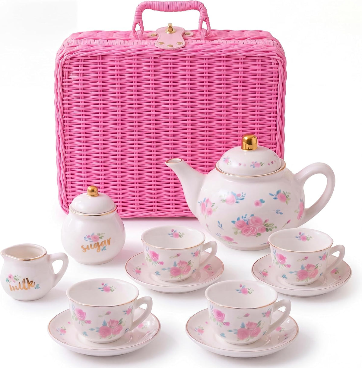 Giggle & Honey white floral tea party set for girls with porcelain teapot, cups and carrying case - view 3