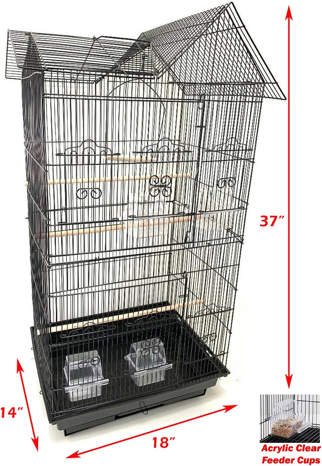 38-Inch Double Roof Top Large Bird Parrot House Cage – Essentials for Birds - 18.0"L x 14.0"W x 38.0"H / Black - image 2