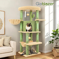 Globlazer Cactus Corner Cat Tree Tower with Scratching Post for Indoor Cats, 51in Multi-Level Cat Condo Tower with Large Hammock, Fan-Shaped Padded Perch, Spacious Cat Cave, Hanging Basket, C51, Green