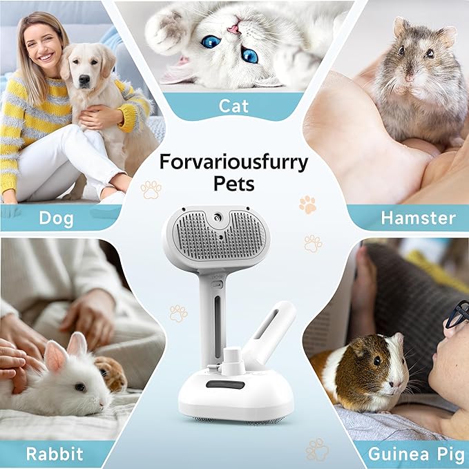 Pet Grooming Brush with Electronic Mist Spray - Gentle Deshedding Tool for Cats & Dogs, Pet Steam Brush，Reduces Shedding, Soft Bristles, Promotes Healthy Coat-Comes with a hair smoothing comb-White