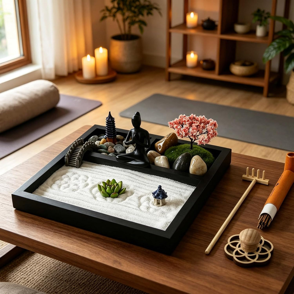 BangBangDa 8 x 8 inch tabletop zen garden with white sand, rake and pagoda - view 4