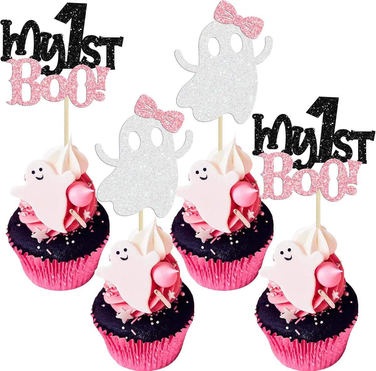 Ephlyn 24 white glitter ghost cupcake toppers for Halloween desserts - view 6