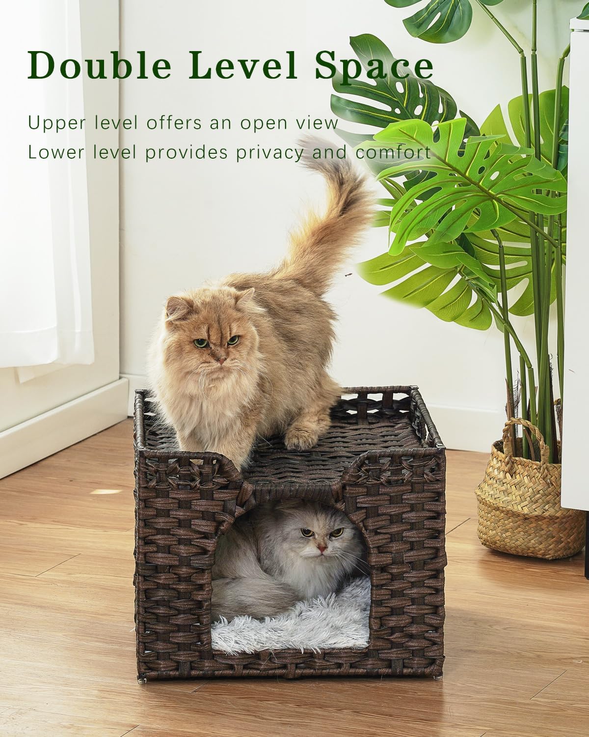 Cat Beds Indoor Kitten House, PE Rattan Cat Cave - Brown / Rectangle-M - image 2