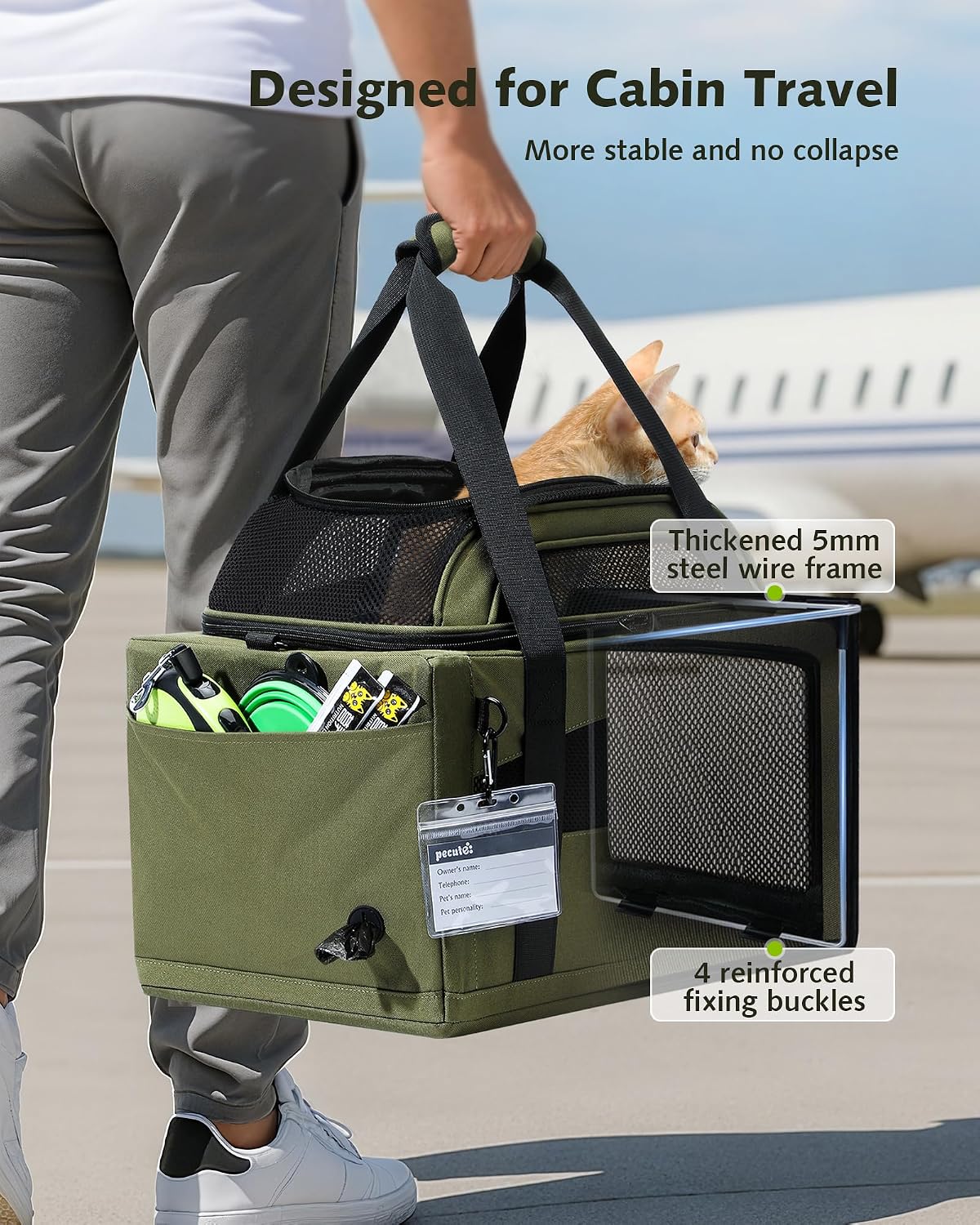 Pecute Expandable Airline Approved Pet Carrier for Cats & Dogs - Dark Green / Top Expandable - image 3