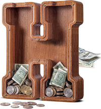 KMC wooden letter piggy bank, oak initial coin bank with clear plexiglass front - view 6