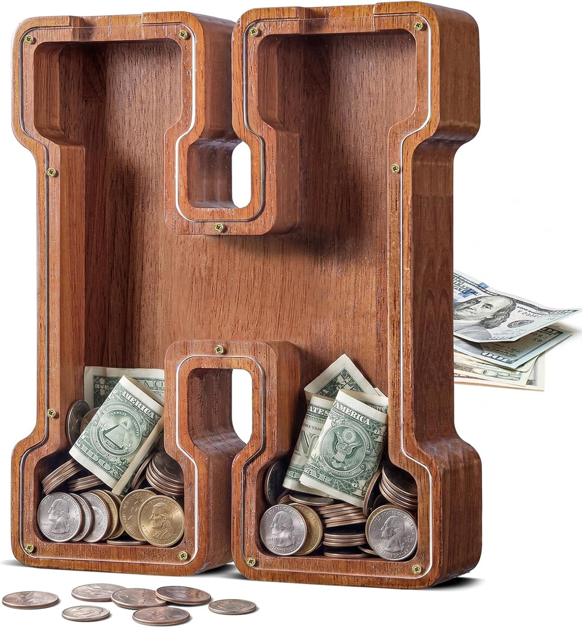 KMC wooden letter piggy bank, oak initial coin bank with clear plexiglass front - view 6