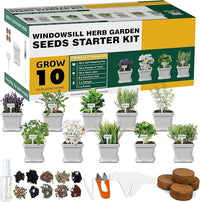 10 Herb Seeds Garden Starter Grow Kit with White Pots, Markers, Nutritional Soil, Watering, Herb Clipper, Complete Indoor Potted Plant Growing Set for Kitchen DIY