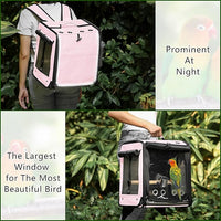 Suertree Bird Carrier with Seat Belt for Car Travel, Bird Backpack Carrier with Indestructible Stainless Steel Mesh, Large Bird Carrier Travel Cage, Pink