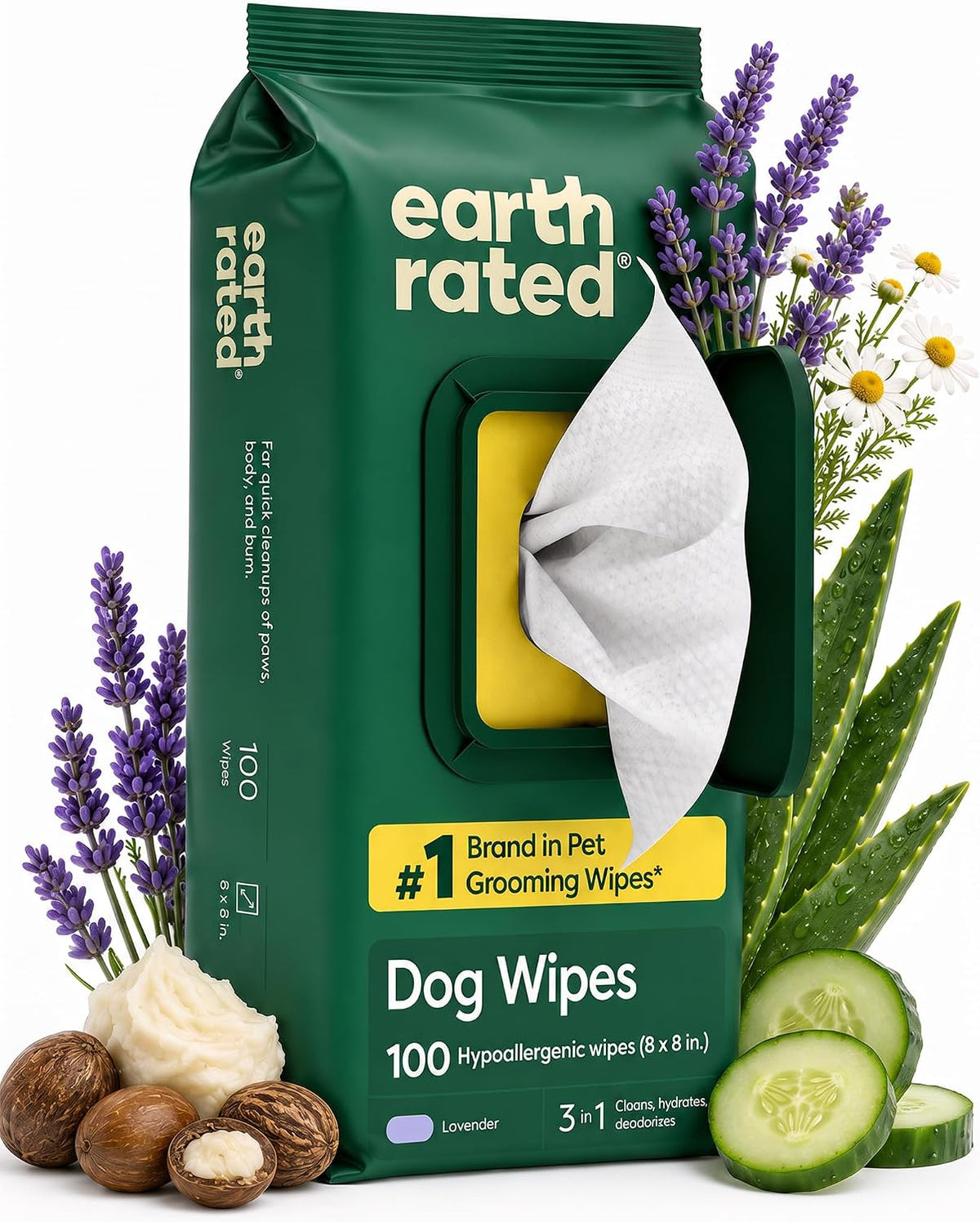 Earth Rated Dog Wipes for Paws & Butt, Deodorizing - Lavender / 100 Grooming Wipes