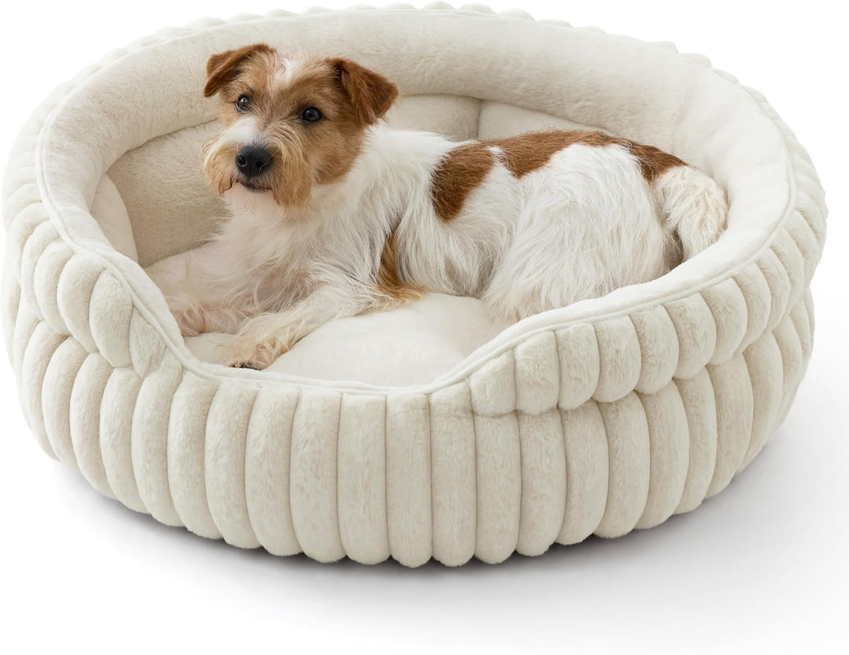 Bedsure ComfyFleece Washable Cute Cat Bed, Soft Round Kitten Bed - 26''x26''x9'' / Cream