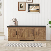 2-Tier Storage Bench, Shoe Bench with Padded Seat Cushion, Entryway Bench with 4 Barn Doors, Adjustable Shelf, 13.8" D x 47.2" W x 17.7" H, for Entryway, Living Room, Bedroom, Rustic Walnut