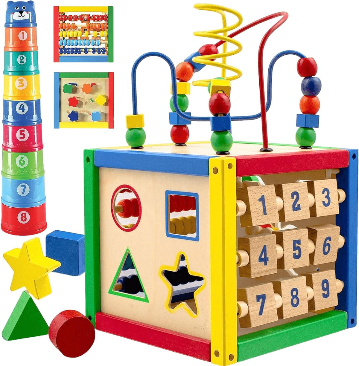 Wooden Activity Cube for Baby 6+ M, 8 Stacking Cups
