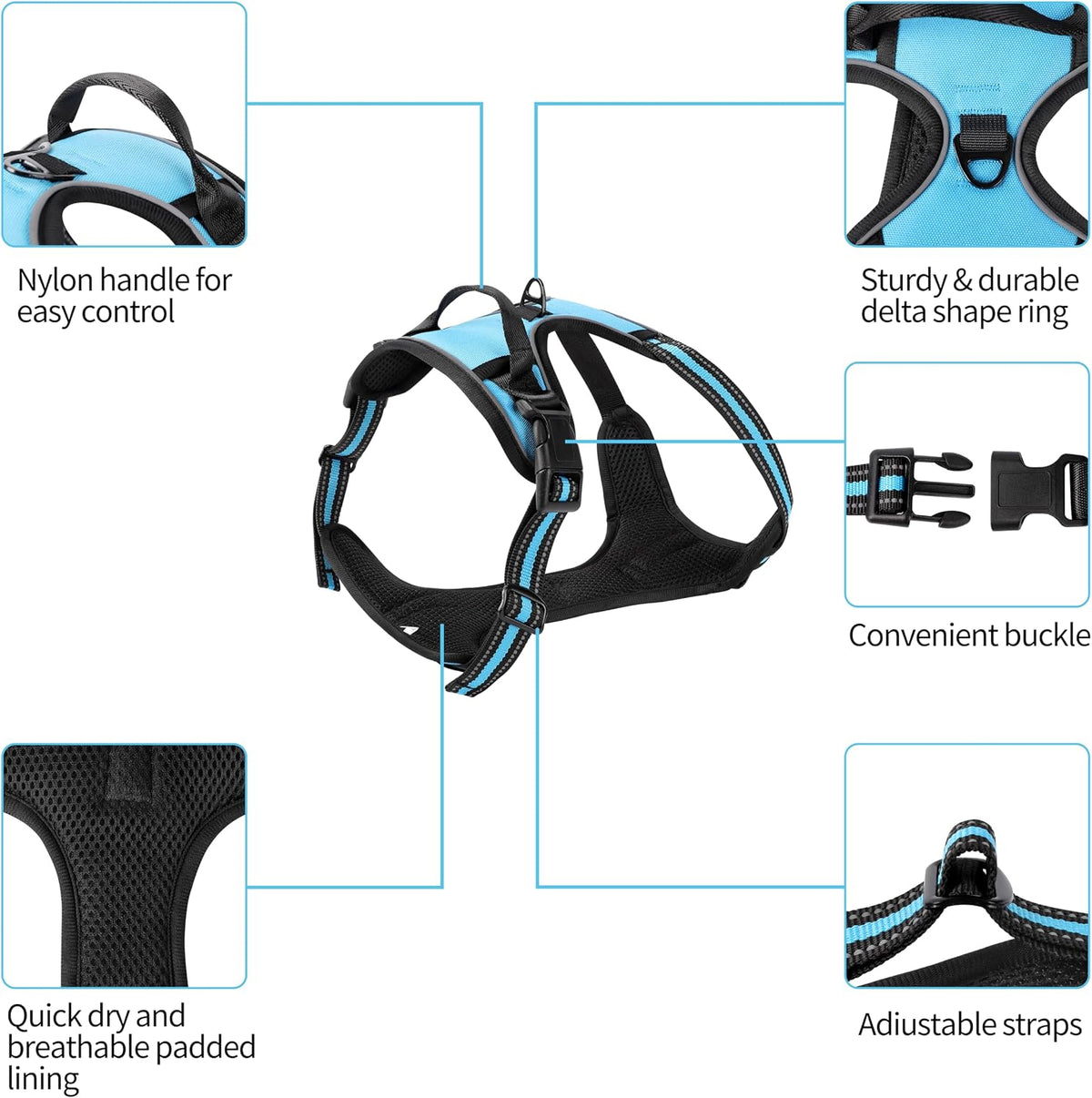 Blue No-Pull Dog Harness with 2 Leash Clips，Soft Padded Vest - Small / Blue - image 3