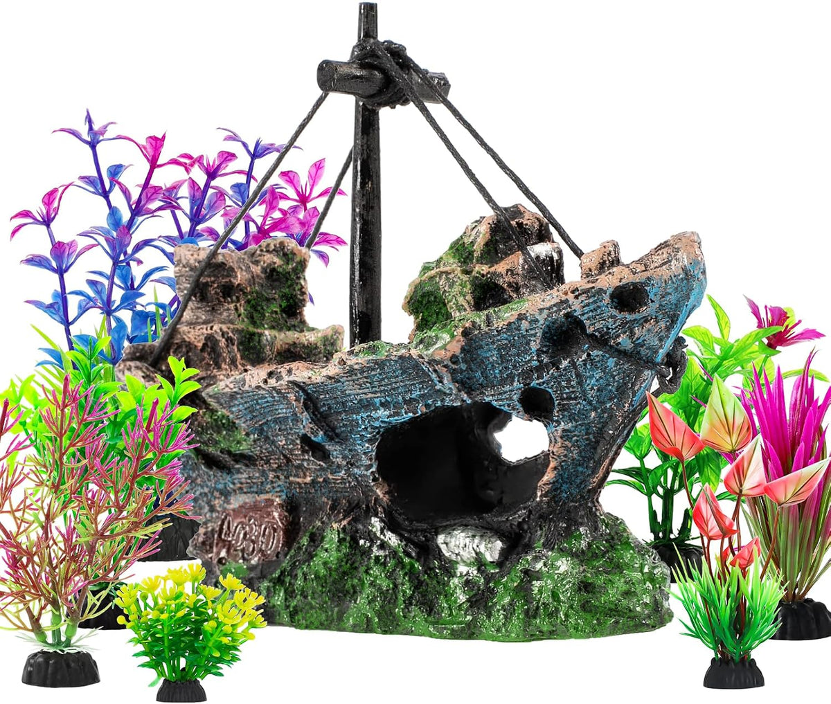 8Pcs Fish Tank Decorations Set Sunken Ship Decoration - 8 Pcs
