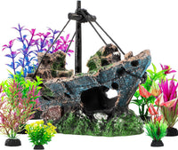 8Pcs Fish Tank Decorations Set Sunken Ship Decoration - 8 Pcs