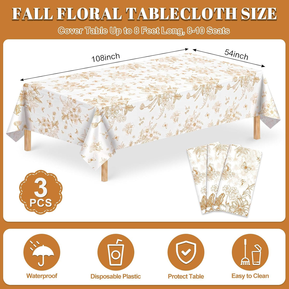 3 Pack Plastic Birthday Tablecloth - Orange Floral - image 2