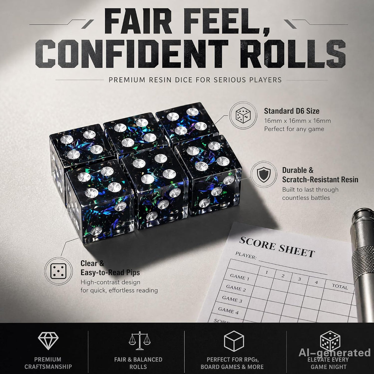 AUSTOR 6-piece 16mm sharp edge resin D6 dice set with metal case - view 20