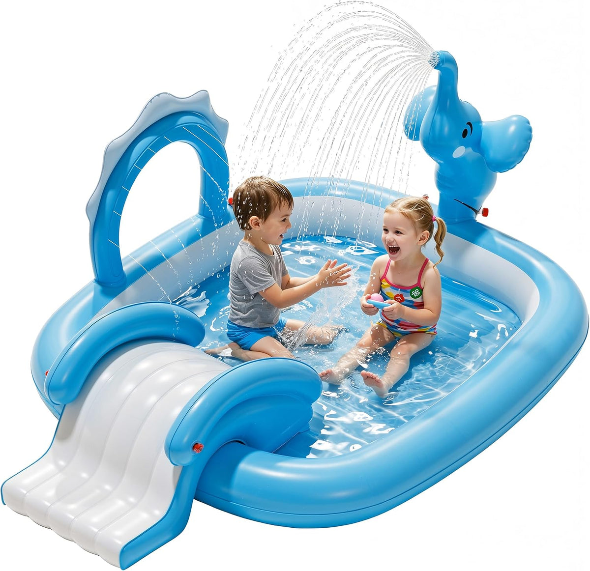 QPAU inflatable toddler pool with slide and elephant sprayer, 72 x 64 x 37 in