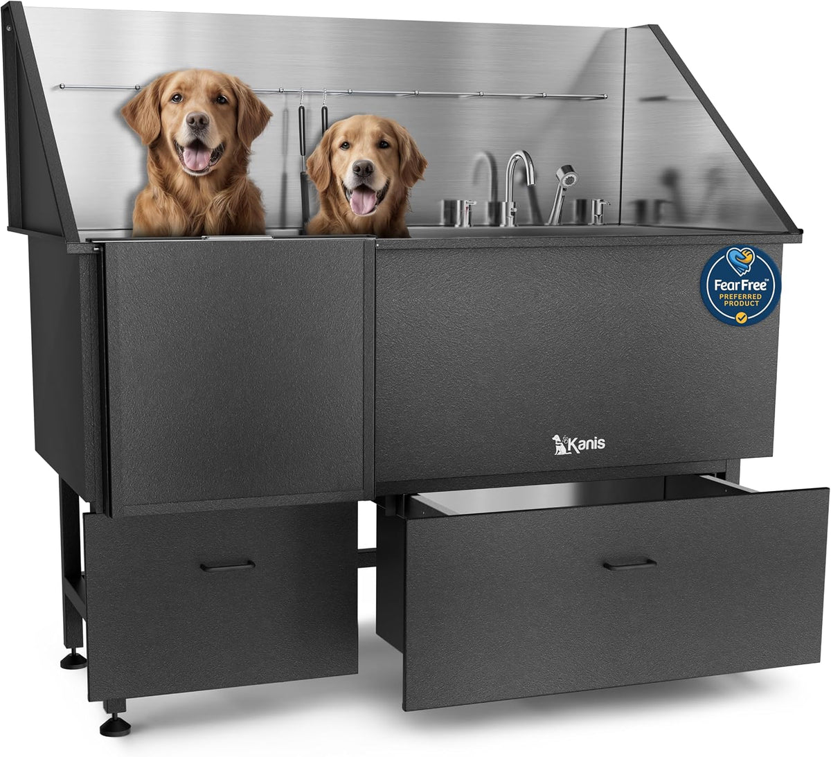 Professional Dog Washing Station 304 Stainless Steel Pets Grooming Tub – Essentials for Dogs - Black, Left Ramp, 2 Drawer / 61 Inches