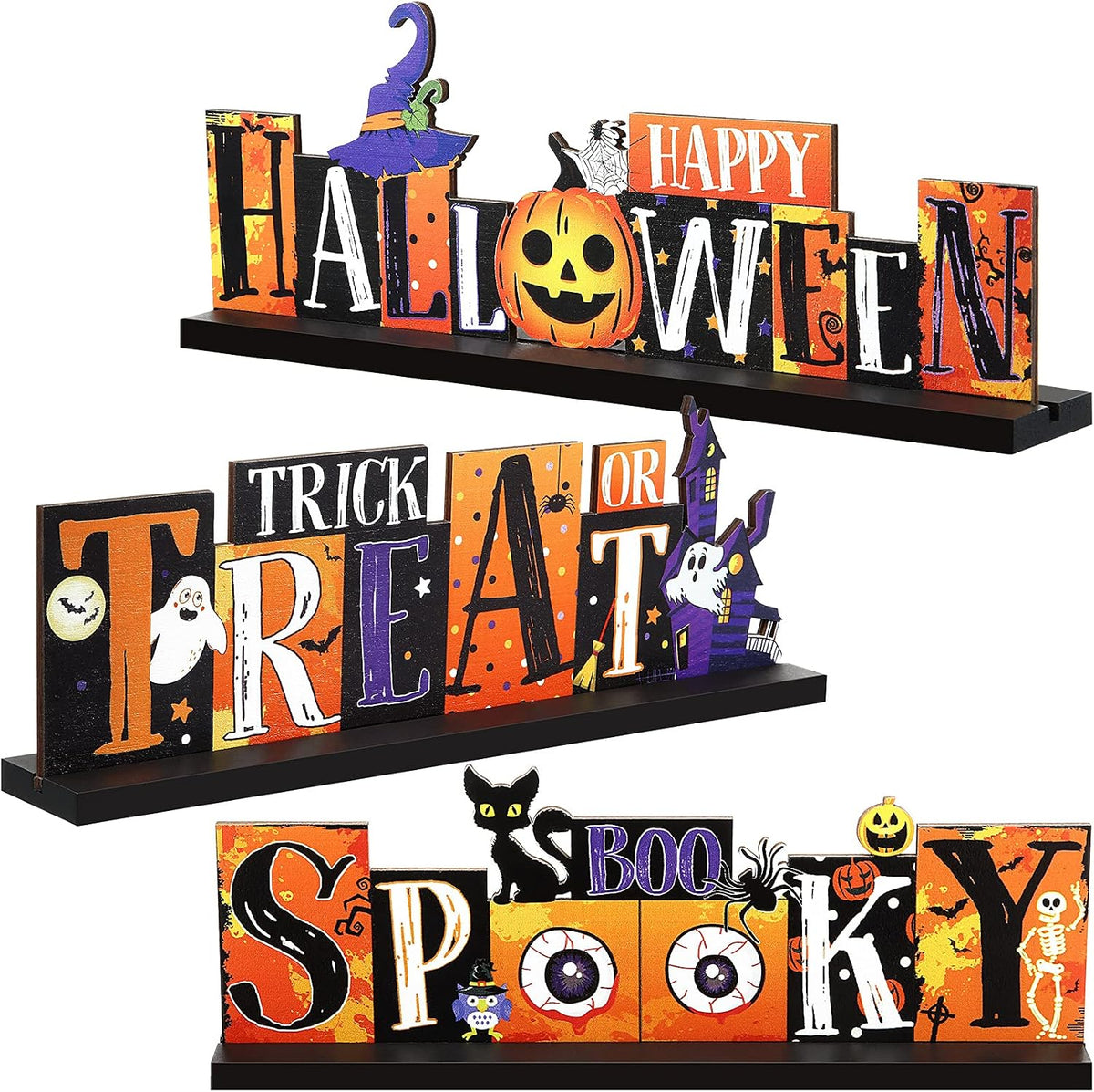 3 Pieces Halloween Table Decorations Wooden Centerpieces – Fun for Kids & Family