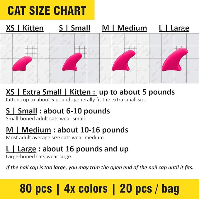 zetpo 80 pcs Cat Claw Covers | Cat Nail Caps | with Adhesives and Applicators (M, Turquoise, Purple, Turquoise Glitter, Violet Glitter)
