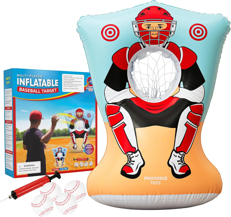 Preferred Toys inflatable pitching target in red and blue with 4 soft baseballs