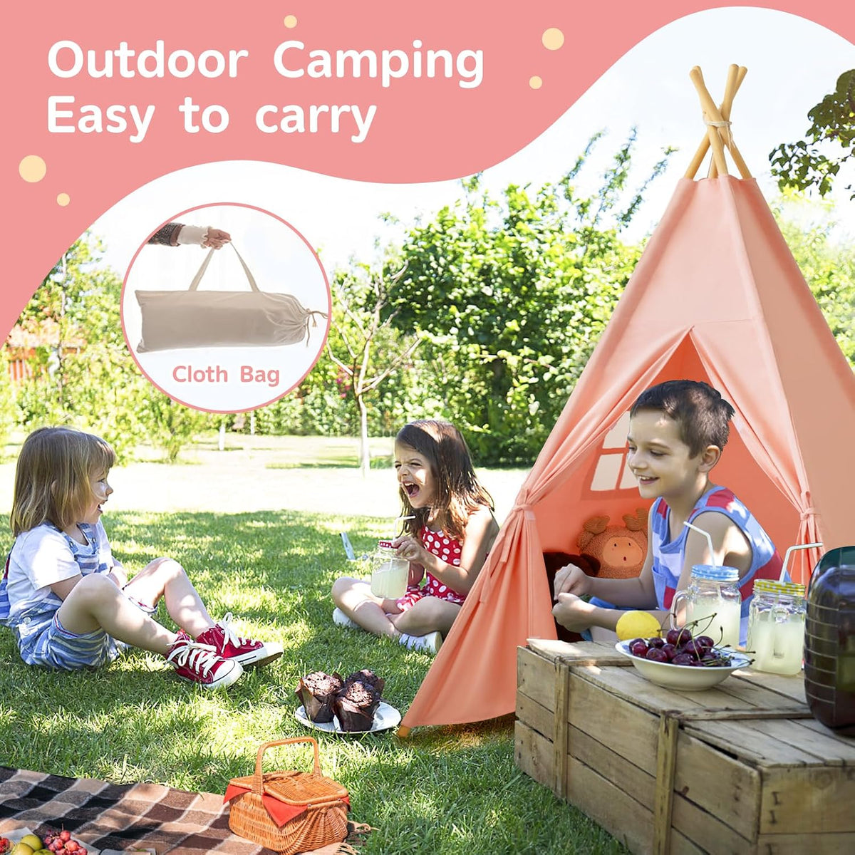 RongFa white canvas teepee tent for kids with wooden poles, flap door and mesh window - view 17