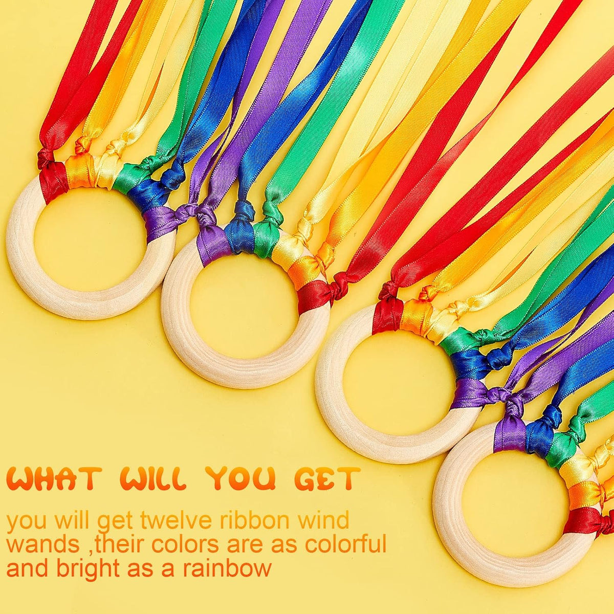 Deekin rainbow ribbon rings, wooden Waldorf hand kites with bright streamers - view 12