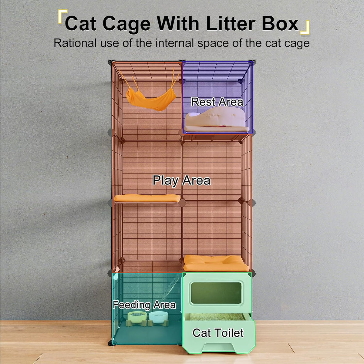 Cat Cage Indoor with Litter Box 3-Tier DIY Cat Playpen Detachable - 28.6"L x 17.8"W x 55.1"H - image 2