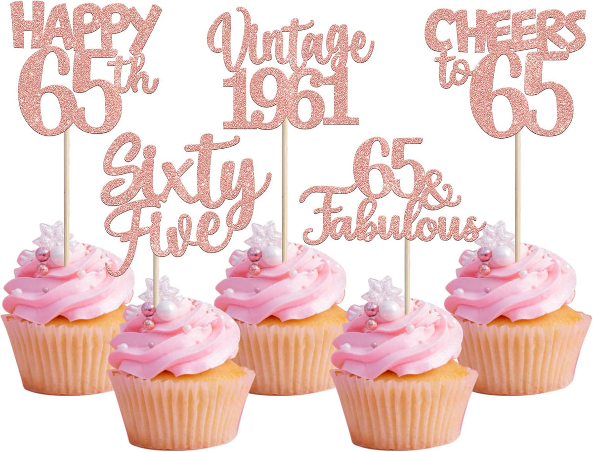 Rose gold glitter vintage 1946 cupcake toppers for an 80th birthday - view 7