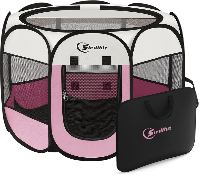 Siedihit Dog Cat Playpen, Puppy Pet Playpen Indoor for Small Dog Crate Tent Cage Outdoor, Portable - Pink / Medium
