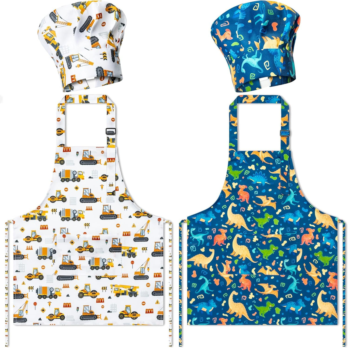 4Pcs Kids Apron and Chef Hat Set Gift for Girls Boys - Construction Vehicle & Dinosaur