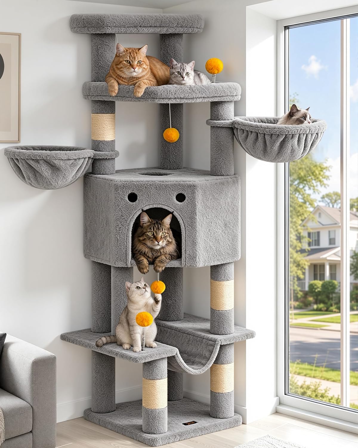 Cat Tree Tower for Indoor Large Adult Cats - Light Grey