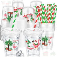 Domensi clear 12 oz Halloween ghost party cups with lids and pink striped paper straws - view 4