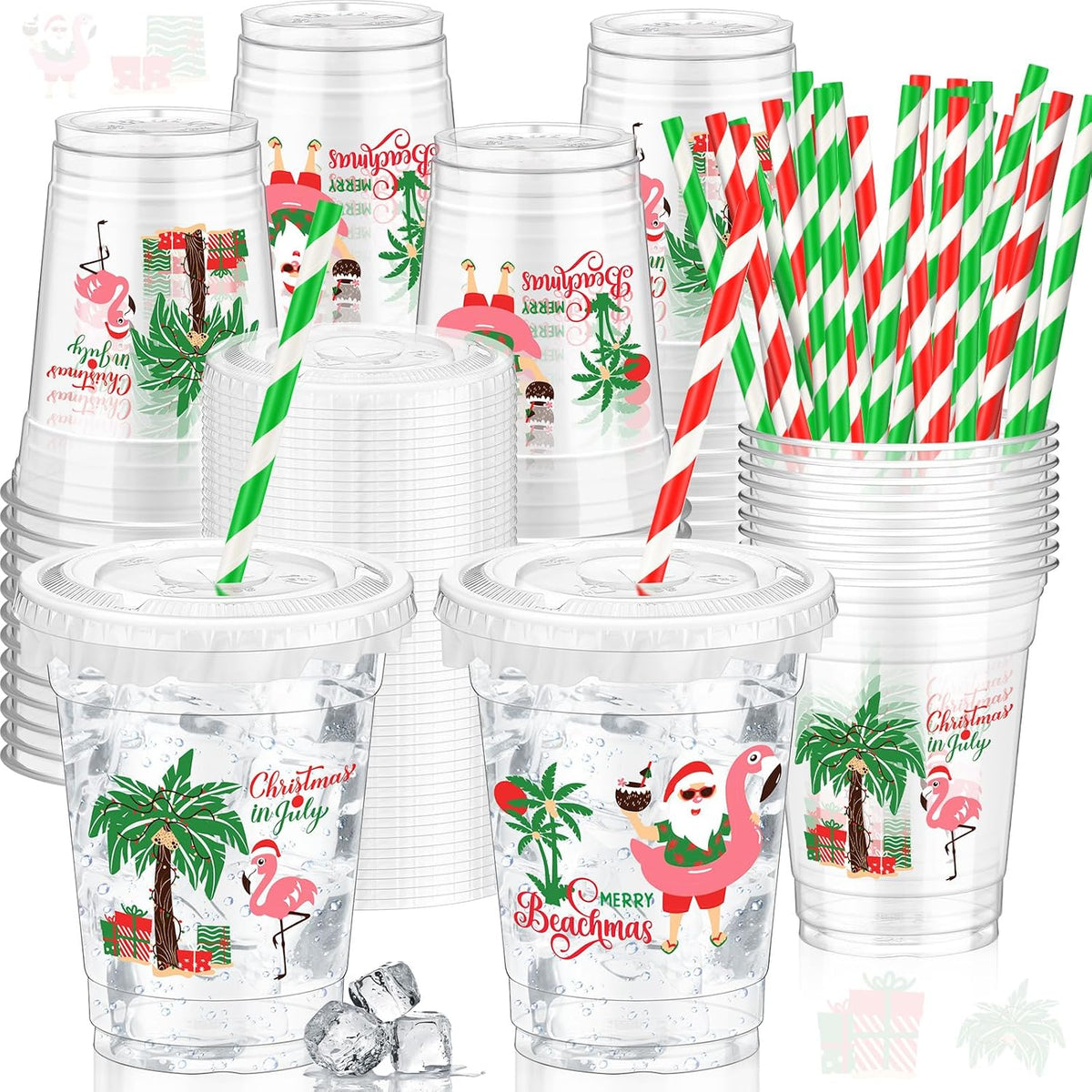 Domensi clear 12 oz Halloween ghost party cups with lids and pink striped paper straws - view 4