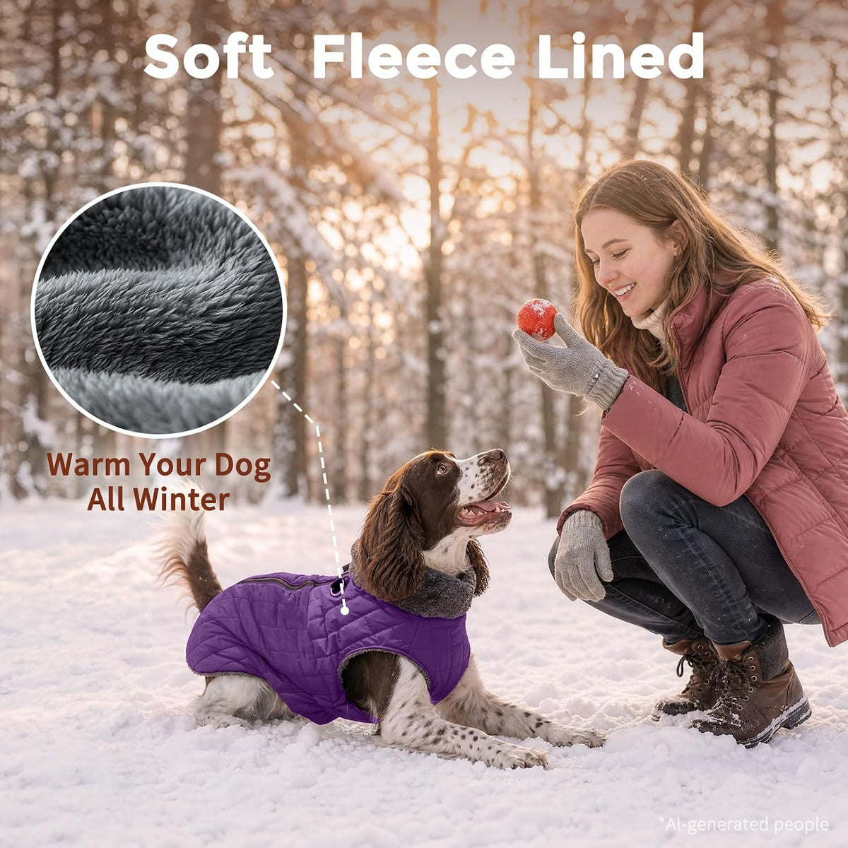Fleece Dog Jacket for Small Dogs, Puppy Coat with Harness - Purple / Medium - image 3