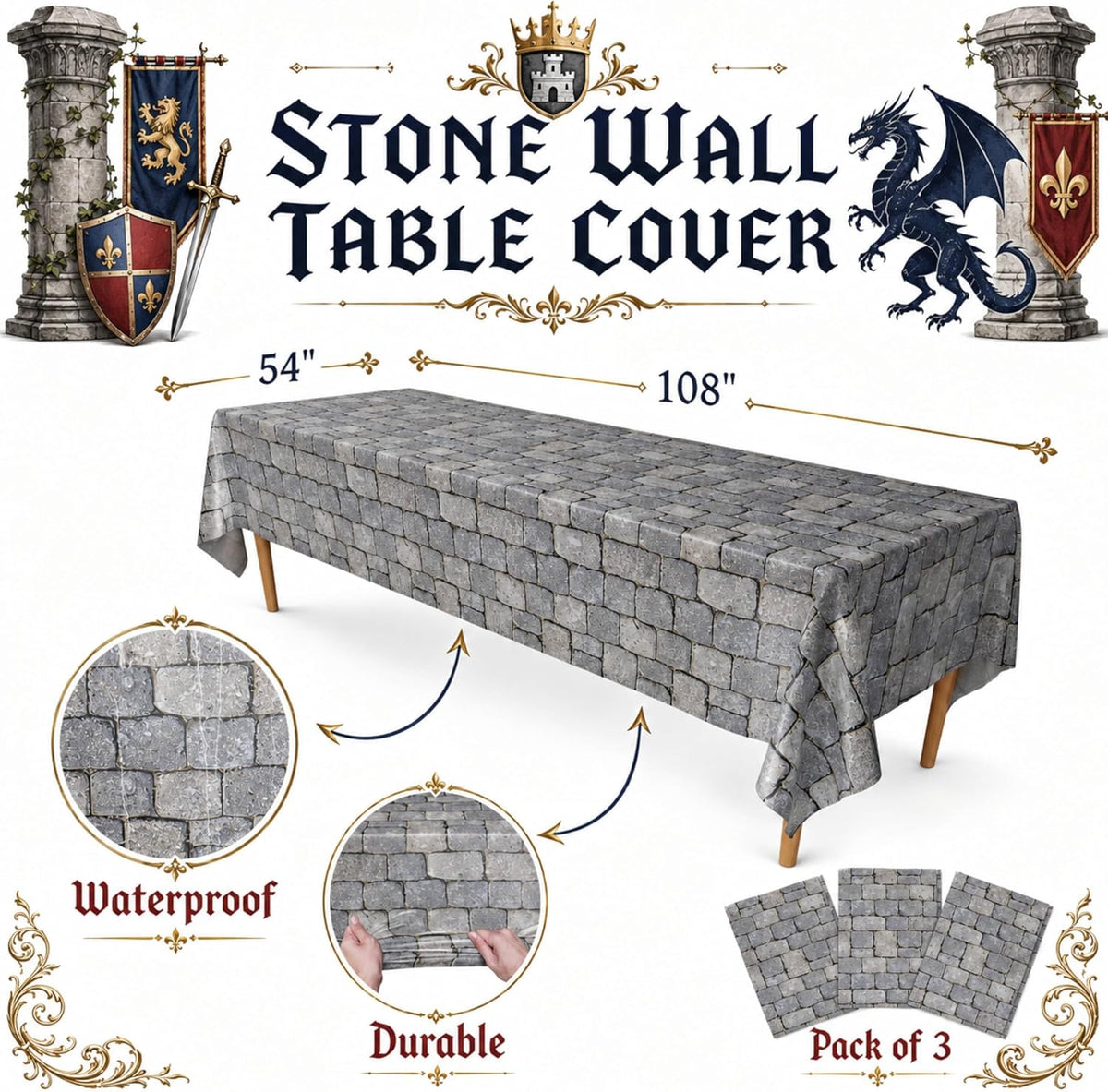 Stone Wall Table Covers, 54"x108" XL, Medieval Party Decorations - Stone Wall (Pack of 3) - image 2