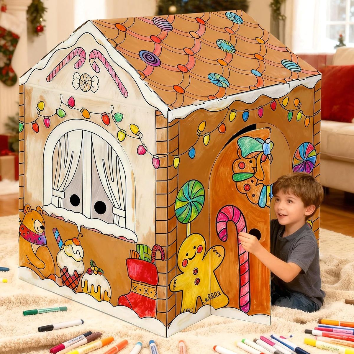 Kockuu cardboard gingerbread house to color, giant playhouse with candy cane and snowman prints - view 2